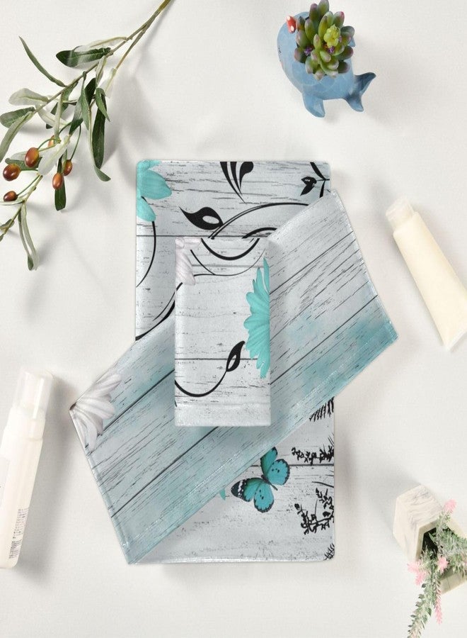AIYOOLER Teal Aqua White Daisy Flower Bath Towels Set,3 Piece Soft Rustic Butterfly Wooden Towel Set,1 Bath Towel 1 Hand Towel 1 Washcloth,Absorbent Decorative Guest Bathroom Towels for Kitchen Shower - Image 4